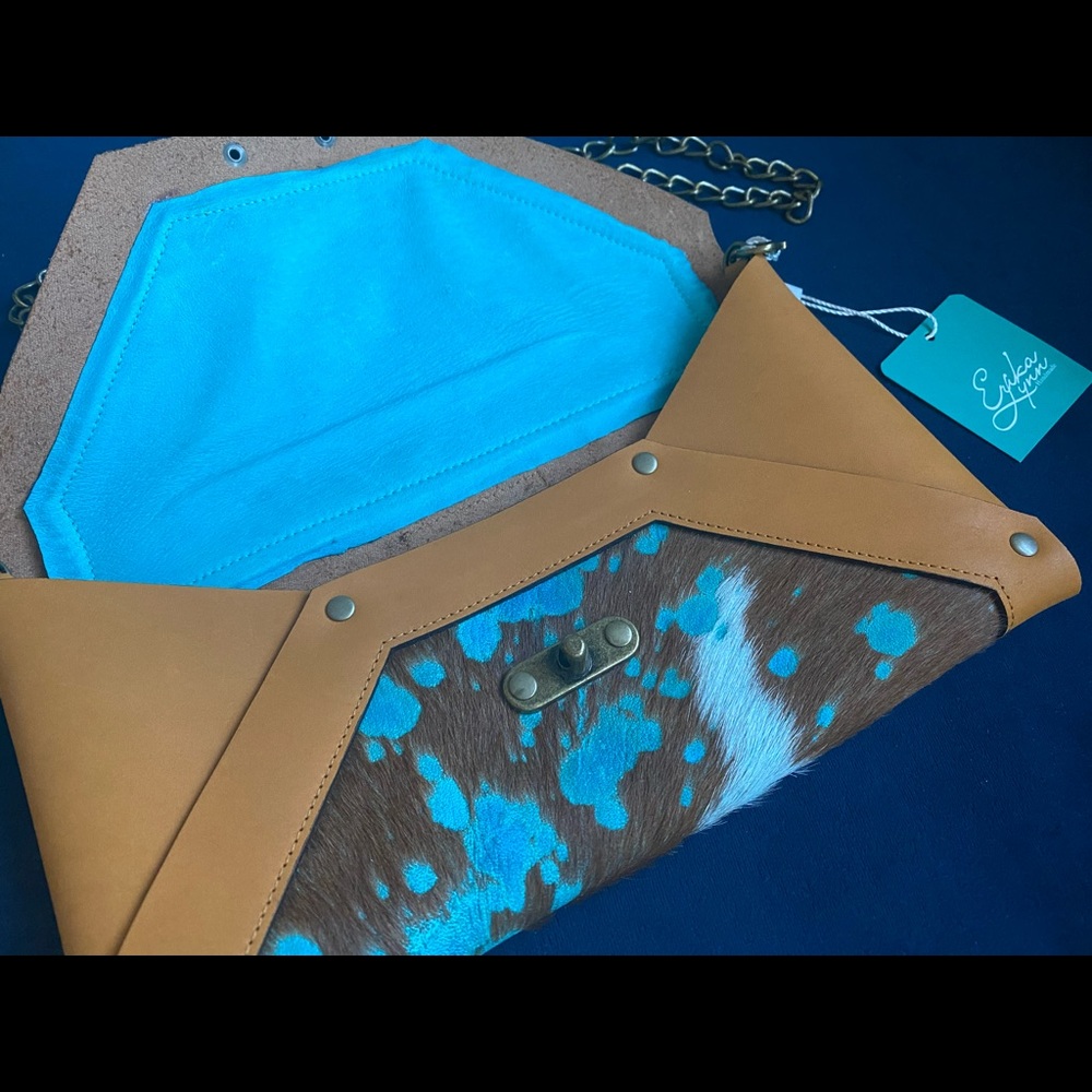 Erika Lynn handmade cowhide leather clutch crossbody bag beige turquoise cowboy - Picture 2 of 9